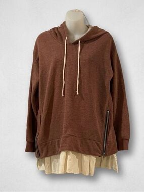 POL Dusty Rose Hoodie with Zipper and Cream Ruffle Accents - Size